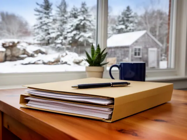 A neat stack of closed manila folders and a pen on a desk by a window.