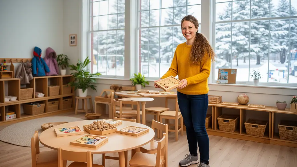 A smiling child-care owner setting wooden puzzles on little tables in a bright classroom, snow outside the windows.